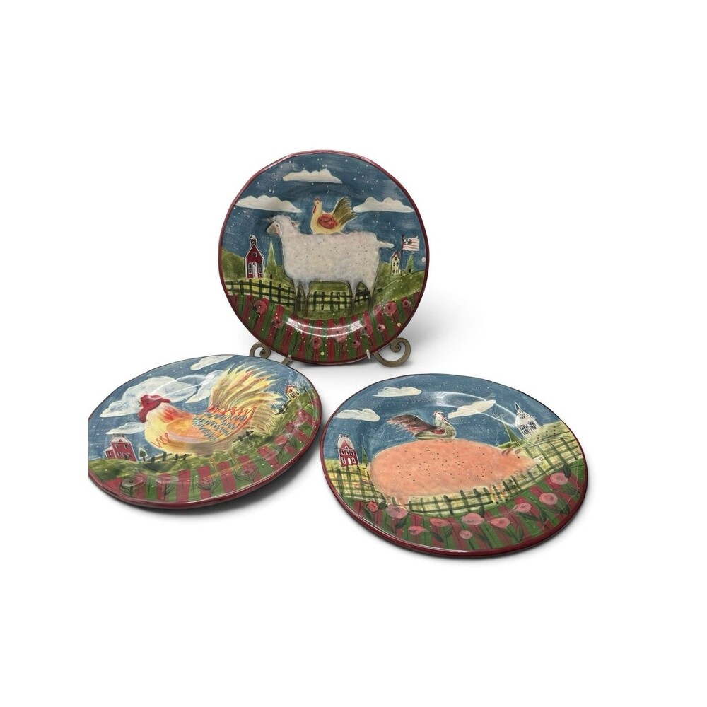 Certified International Susan Winget Farm Animal Plates Set 3 Rooster Sheep Pig